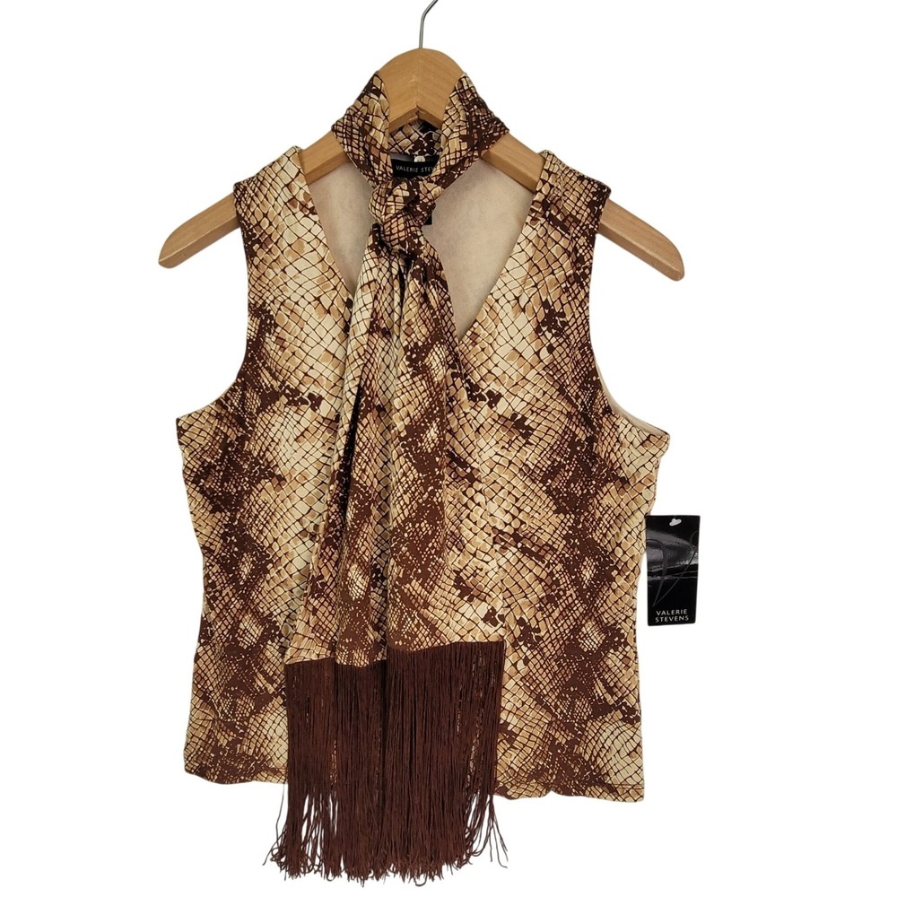 NWT Vintage Valerie Stevens Brown/Beige Snake Print Silk Blend Scarf Top Small